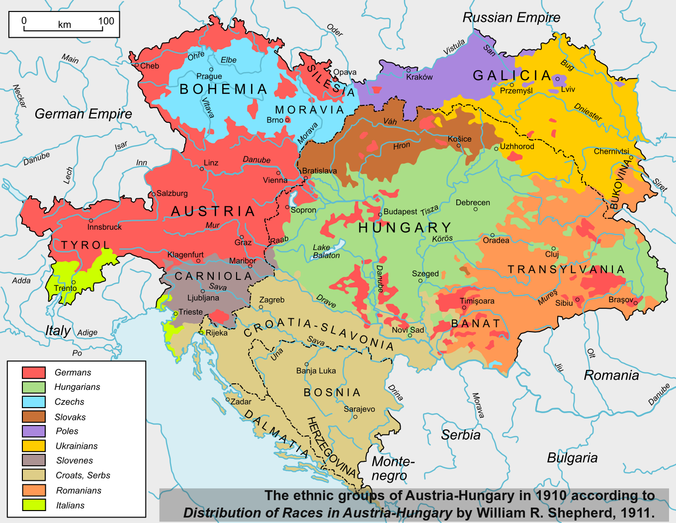 Map showing the ethnic groups of Austria-Hungary in 1910, with color coding for different ethnicities.