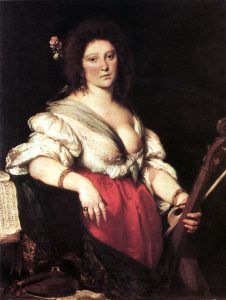 A woman with curly hair and a white blouse rests her arm on sheet music while holding a lute.