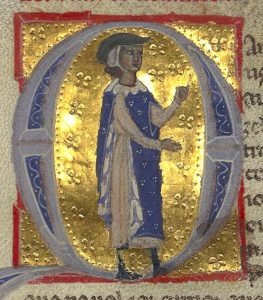 Illuminated medieval illustration of a figure inside a circle on a gold background.