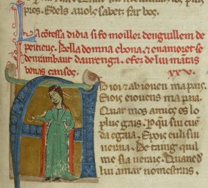 A medieval manuscript page with an illustration of a person in a green robe and medieval text.