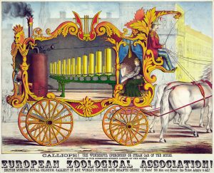 Illustration of a steam-powered calliope vehicle being pulled by a horse.