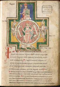 Medieval manuscript page featuring a Wheel of Fortune illustration and Latin text.