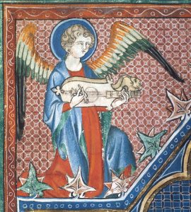 A portion of an illuminated manuscript showing an angel playing a citole, a type of lute, with colorful wings and a geometric patterned background.