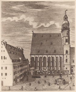 Historic illustration of a gothic-style building with a tall bell tower in a cobblestone town square.