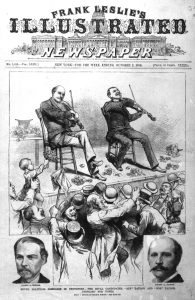 An illustration of two men fiddling on stage before a lively crowd, with inset portraits of the musicians.