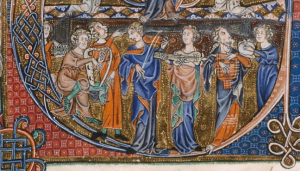 Medieval manuscript illumination showing figures and angels with musical instruments and ornate borders.