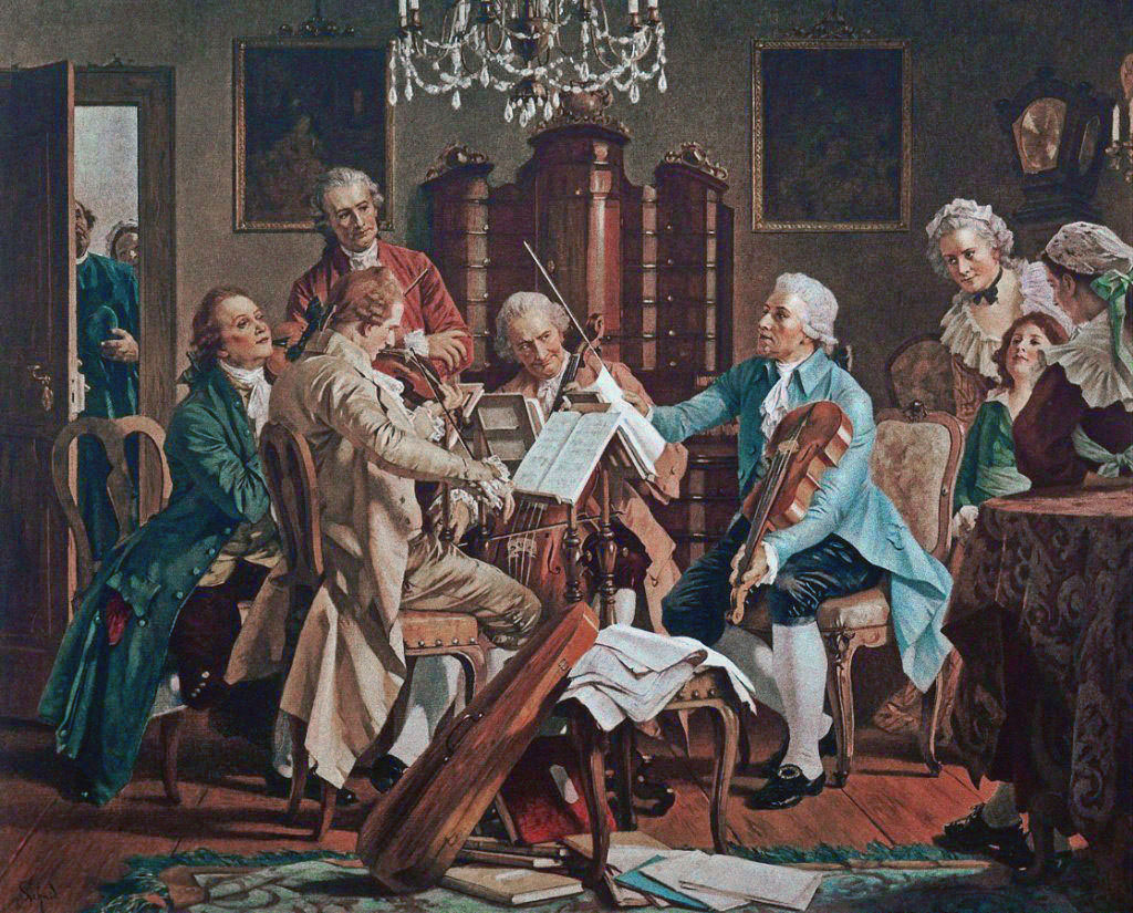 18th-century chamber music scene with musicians playing violins and cello in an elegant room.
