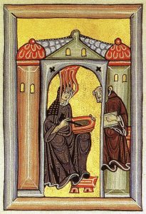 An illuminated manuscript showing two figures inside a building with towers, set against a golden background.