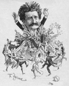 Illustration of a large bust of a man with dancing figures around it.