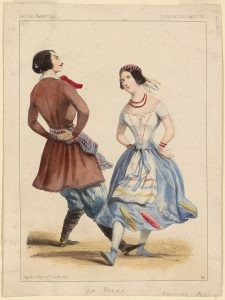 Illustration of a man and woman dancing the polka in traditional attire.