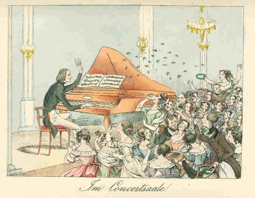 An engraving of a lively concert scene with a pianist at a grand piano and an excited audience.
