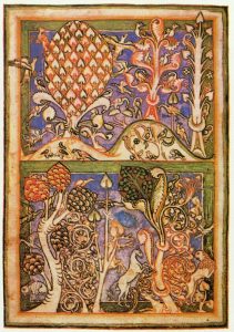 Ornate medieval illustration with stylized trees, birds, and animals in blue, red, white, and green tones.