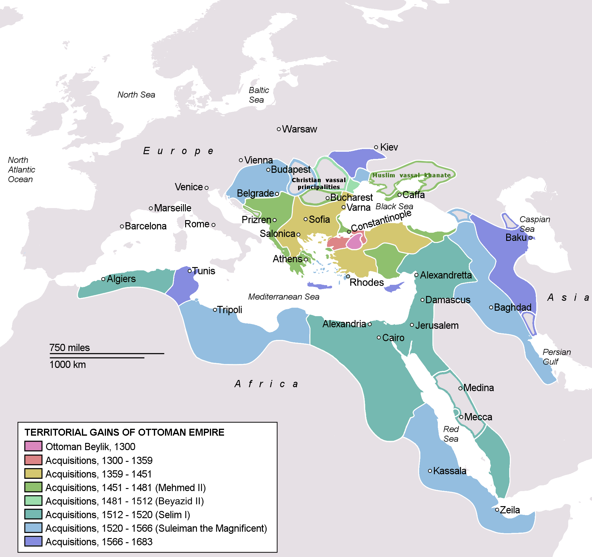Map showing the Ottoman Empire's territorial gains from 1300 to 1683 across Europe, Asia, and Africa, marked in different colors based on the period.