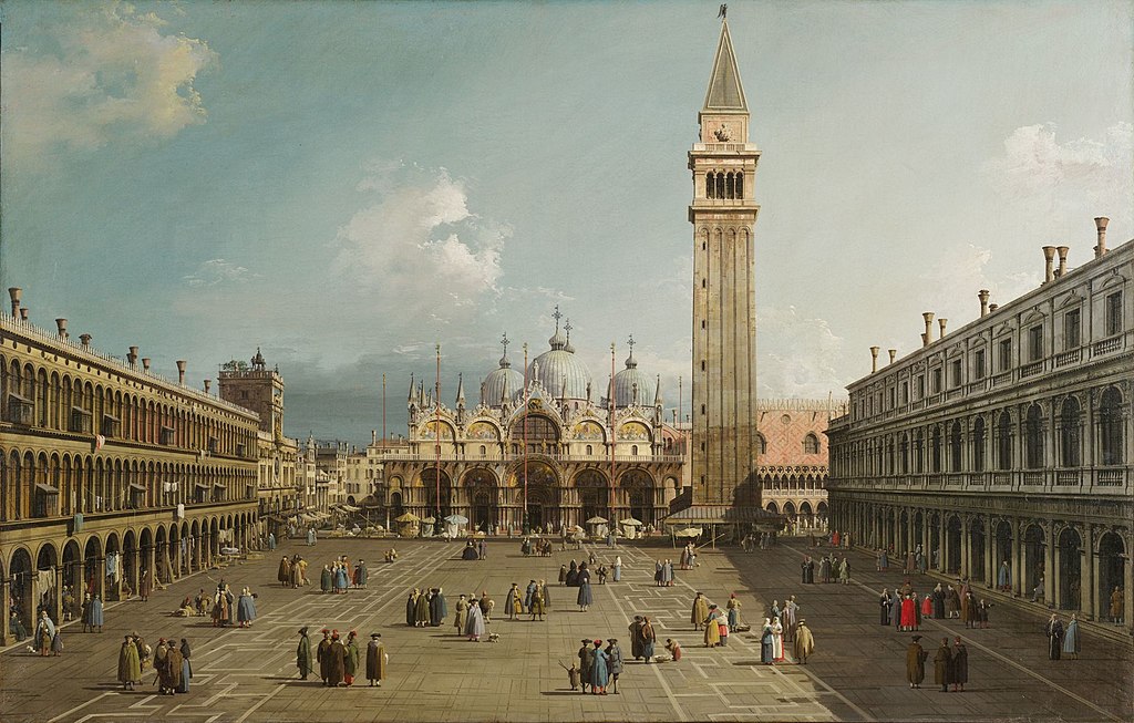 Painting of the Piazza San Marco with St. Mark's Basilica and bell tower in Venice, Italy, with people in historical attire.