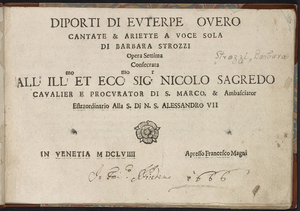 Title page of Barbara Strozzi's collection The Pleasures of Euterpe with classic serif font text and a decorative emblem.