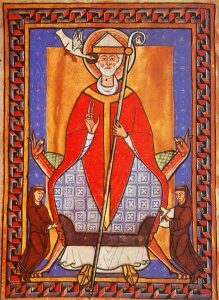 Medieval-style illustration of Pope Gregory I in red and blue robes, with a miter and staff, flanked by two monks.