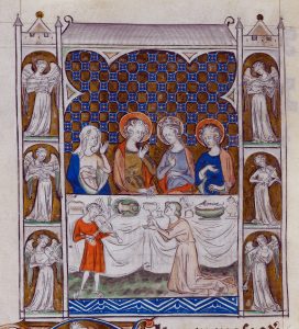 Medieval manuscript illustration with four haloed figures at a table, surrounded by angels in alcoves.