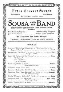 A vintage concert program flyer for "Sousa and His Band" at Hill Auditorium, Ann Arbor, Michigan, on November 13, 1924.