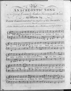 Historic sheet music titled "The Anacreontic Song" with ornate script and musical notation.