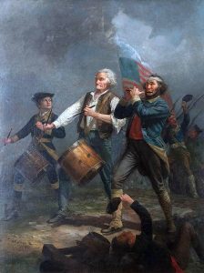 Three figures lead a march, one playing a fife with an American flag, and two drummers beside them, with soldiers in the background.