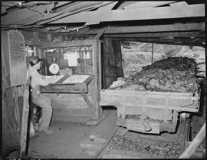 Coal mine worker at a desk next to a cart full of coal in a wooden mining structure.