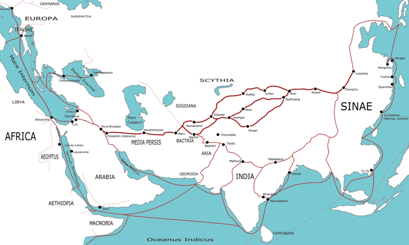 Historical map of the ancient Silk Road with marked trade routes from Europe to East Asia.