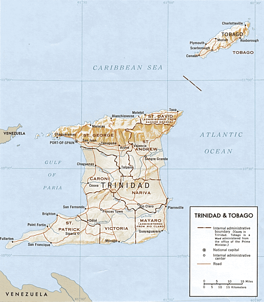Map showing Trinidad and Tobago with cities, roads, and administrative boundaries.