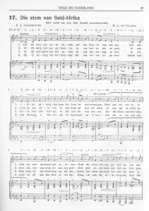 Sheet music for "Die stem van Suid-Afrika" with lyrics in Afrikaans.