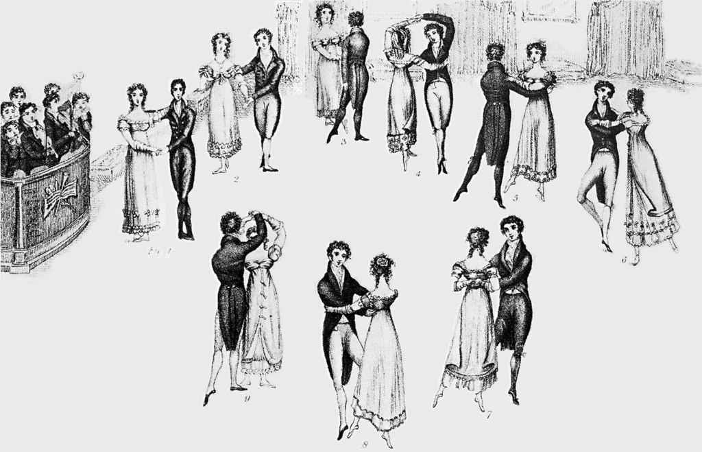 Illustrated dance scene with couples in 19th-century attire.