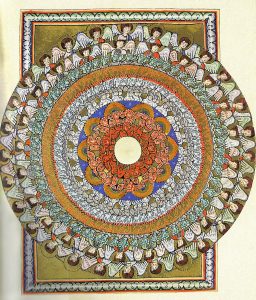 Part of an illuminated manuscript depicting Hildegard's vision of the angelic hierarchy.