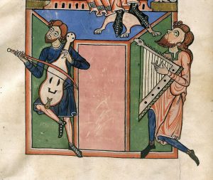 Medieval illustration of two musicians playing stringed instruments.