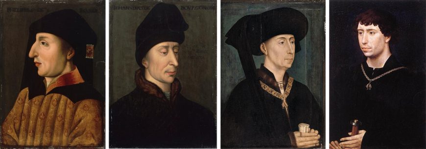 Dukes of Burgundy (from left to right): Philip the Bold, 16th century, oil on panel, 41 × 30 cm (Hospice Comtesse, Lille); After Rogier van der Weyden, John the Fearless, 16th century, oil on panel, 41 × 30 cm (Hospice Comtesse, Lille); After Rogier van der Weyden, Philip the Good, c. 1450, 29.6 x 21.3 cm (Musée des Beaux-Arts de Dijon); Rogier van der Weyden, Charles the Bold, c. 1454, oil on panel, 49 x 32 cm (Gemäldegalerie, Berlin)