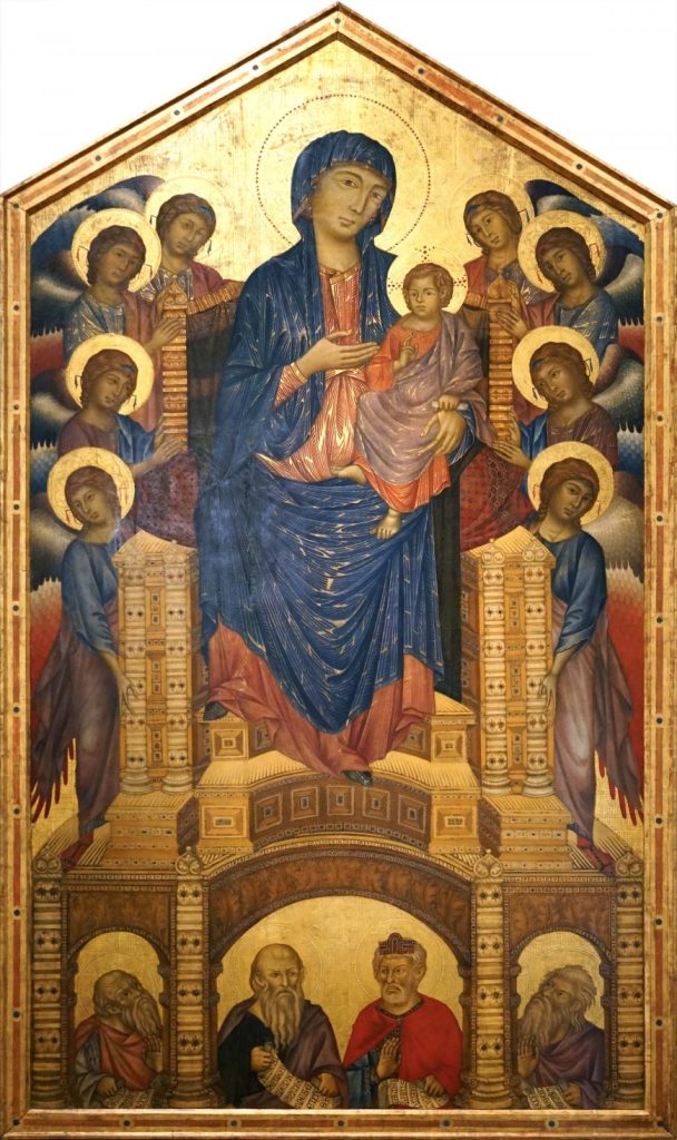 Cimabue, Maestà or Santa Trinita Madonna and Child Enthroned, 1280-90, tempera on panel, 385 x 223 cm (Galleria degli Uffizi, Florence) (photo: Steven Zucker, CC BY-NC-SA 2.0)