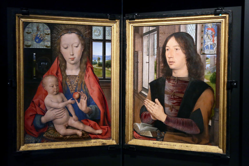 Hans Memling, Diptych of Maarten van Nieuwenhove, 1487, oil on panel, 33.5 x 44.7 cm (each panel) (Musea Brugge); photo: Alexey Yakovlev, CC BY-SA 4.0)