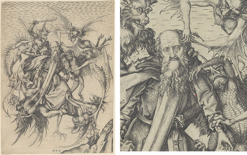 Martin Schongauer, Saint Anthony Tormented by Demons, c. 1470-75, Engraving. 12-1/4” x 9”. Metropolitan Museum of Art, New York.