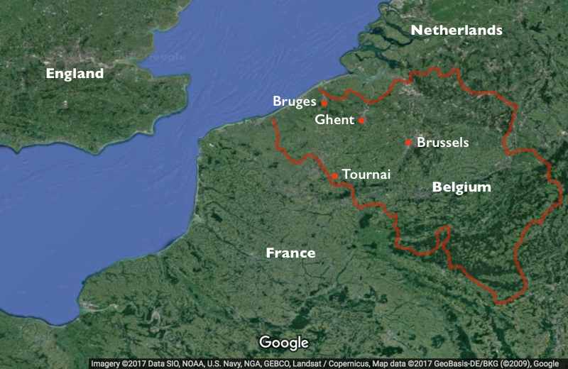 Map of major Flemish-speaking cities during the Northern Renaissance within the outline of modern Belgium