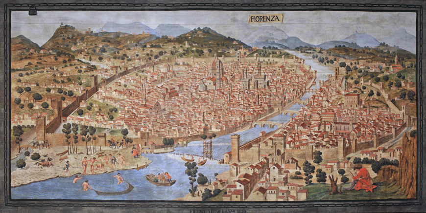 This map of Florence reveals the development of linear perspective and bird’s eye mapping techniques that developed in the Renaissance. Medieval maps of cities were often spatially flat and relied on symbolism to depict important buildings and sites. Veduta della catena (chain map) of Florence, c. 1471–72, attributed to Francesco and Raffaello Petrini, etching, 1.25 x 1.38 m (Palazzo Vecchio, Florence)
