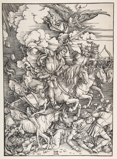 Albrecht Dürer, The Four Horsemen of the Apocalypse, 1498, woodcut, 15-1/4 x 11-7/16″ / 38.8 x 29.1 cm (The Metropolitan Museum of Art)