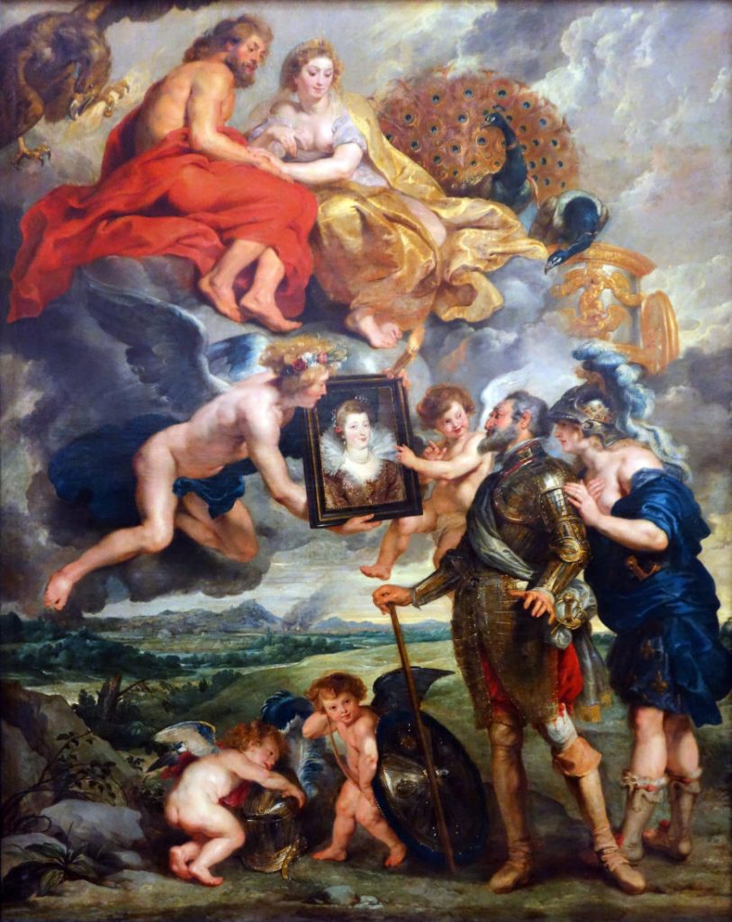 Peter Paul Rubens, The Presentation of the Portrait of Marie de’ Medici, c. 1622–25, oil on canvas, 394 x 295 cm (Musée du Louvre, Paris; photo: Steven Zucker, CC BY-NC-SA 2.0)