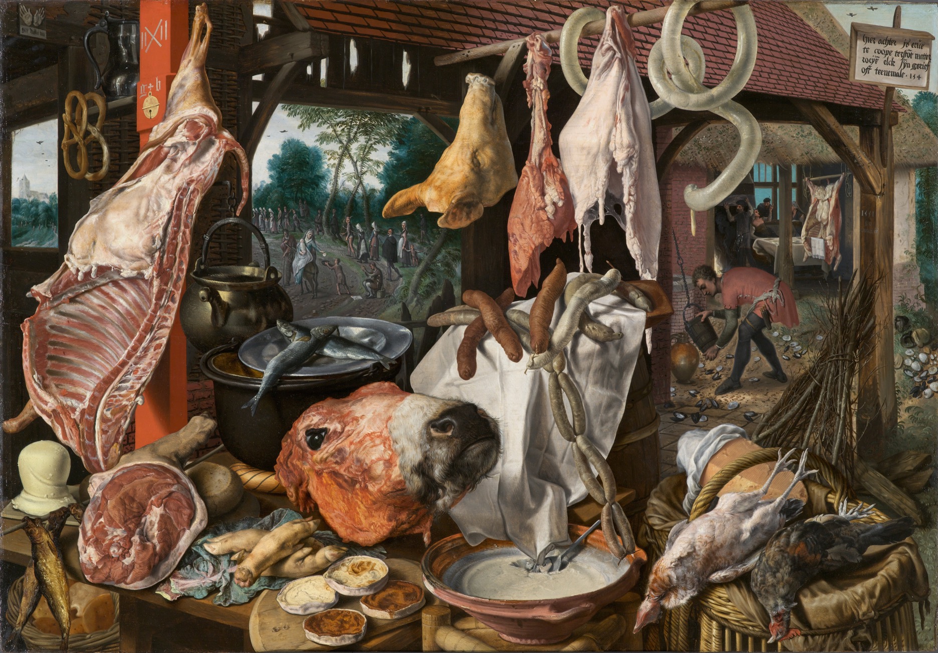 Pieter Aertsen, A Meat Stall with the Holy Family Giving Alms, 1551, oil on panel, 45 1/2 x 66 1/2″ / 115.6 x 168.9 cm (North Carolina Museum of Art)