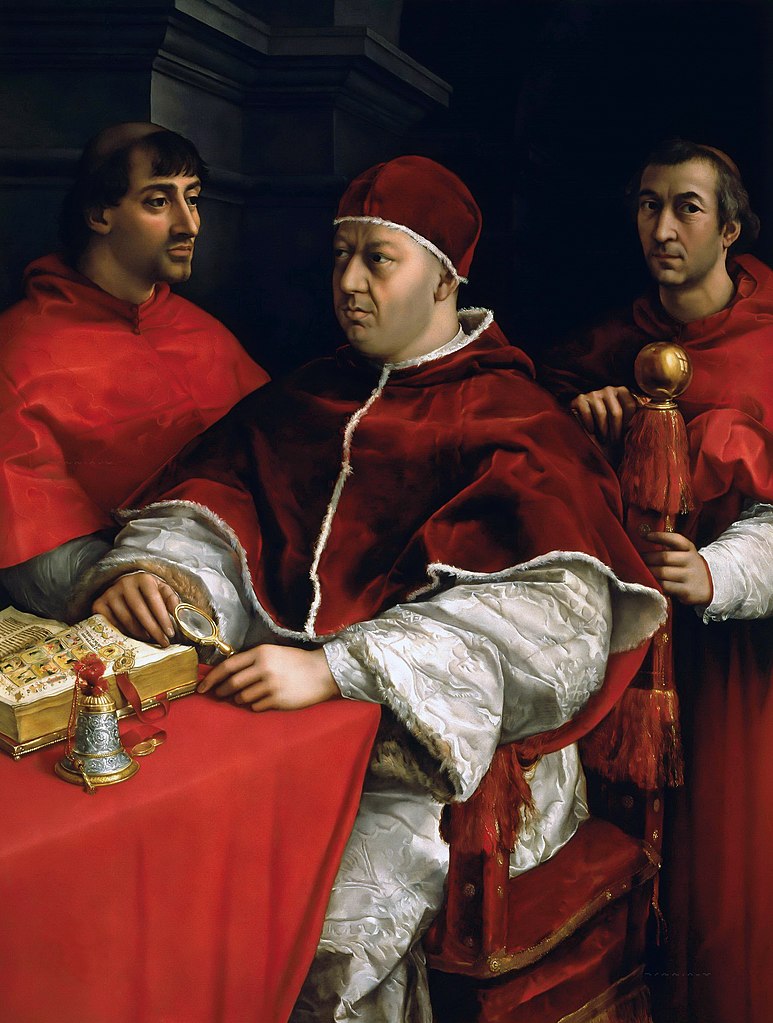 Raphael, Portrait of Pope Leo X with Cardinals Giulio de’Medici and Luigi de’Rossi, c. 1518, oil on panel, 119.5 x 155.5 cm (Uffizi Gallery, Florence)