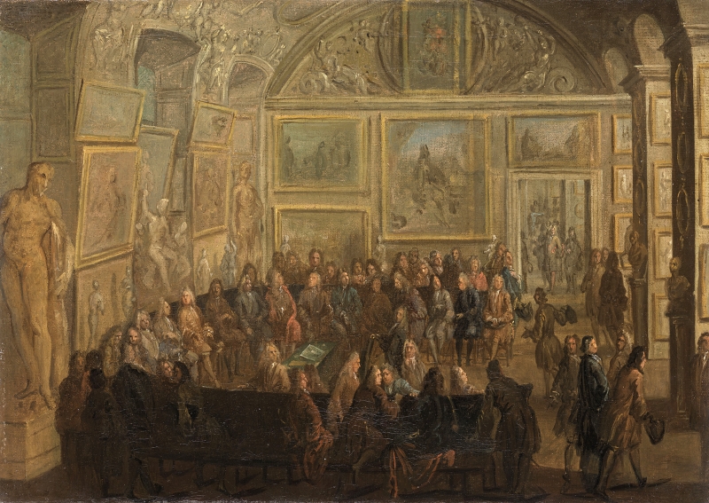 Jean-Baptiste Martin, A Meeting of the Royal Academy of Painting and Sculpture at the Louvre, c. 1712–21, oil on canvas, 30 x 43 cm (Louvre)