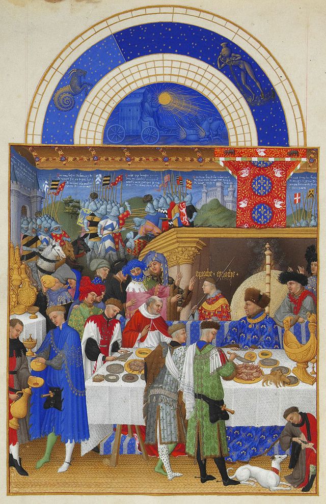 Herman, Paul and Jean de Limbourg, January, from Les Très Riches Heures du Duc de Berry, 1413-16, ink on vellum (Musée Condé, Chantilly). The figure in a blue robe on the opposite side of the table is a portrait of the patron, Jean de France, duc de Berry.