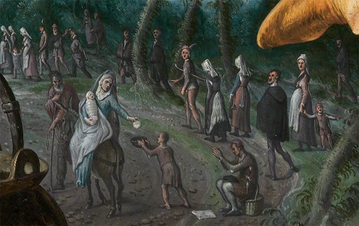 Flight into Egypt (detail), Pieter Aertsen, A Meat Stall with the Holy Family Giving Alms, 1551, oil on panel, 45 1/2 x 66 1/2″ / 115.6 x 168.9 cm (North Carolina Museum of Art)