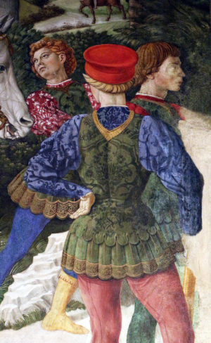 Benozzo Gozzoli, detail of a figure with gold leaf applied to the sleeves of his blue shirt, south wall, Magi Chapel, 1459, Medici Palace (photo: Sailko, CC BY 3.0)