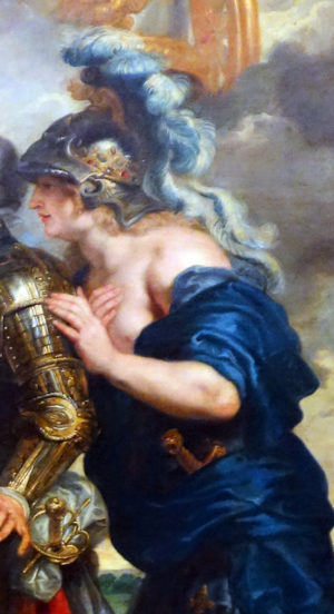 Personification of France (detail), Peter Paul Rubens, The Presentation of the Portrait of Marie de’ Medici, c. 1622–25, oil on canvas, 394 x 295 cm (Musée du Louvre, Paris; photo: Steven Zucker, CC BY-NC-SA 2.0)