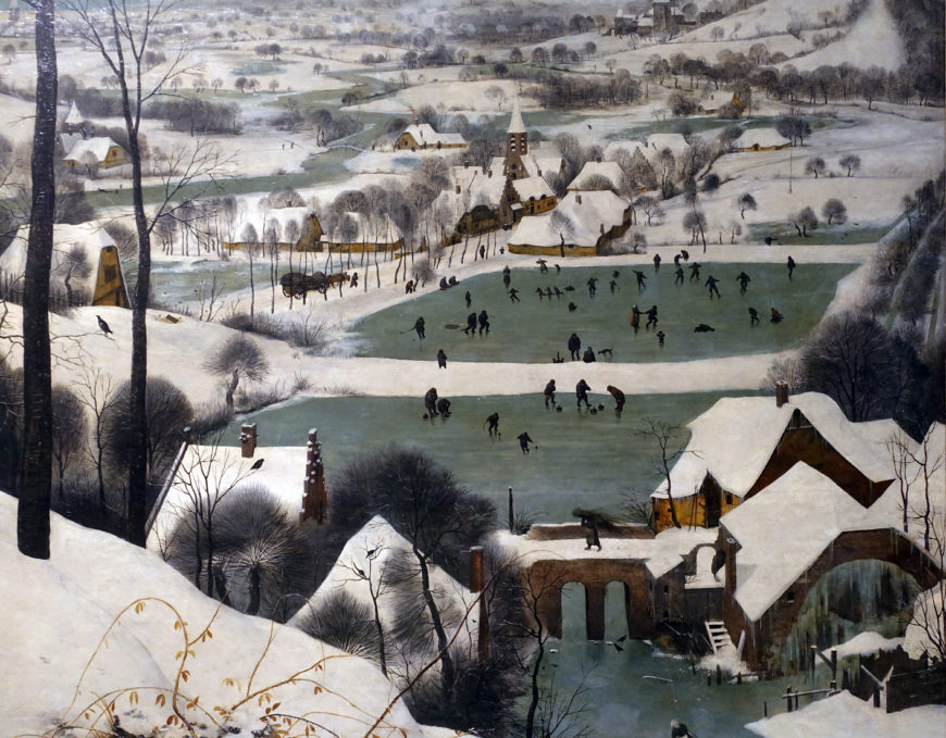 A person carrying a load of sticks over a bridge (detail), Pieter Bruegel the Elder, Hunters in the Snow (Winter), 1565, oil on wood, 162 x 117 cm (Kunsthistorisches Museum, Vienna; photo: Steven Zucker, CC BY-NC-SA 2.0)