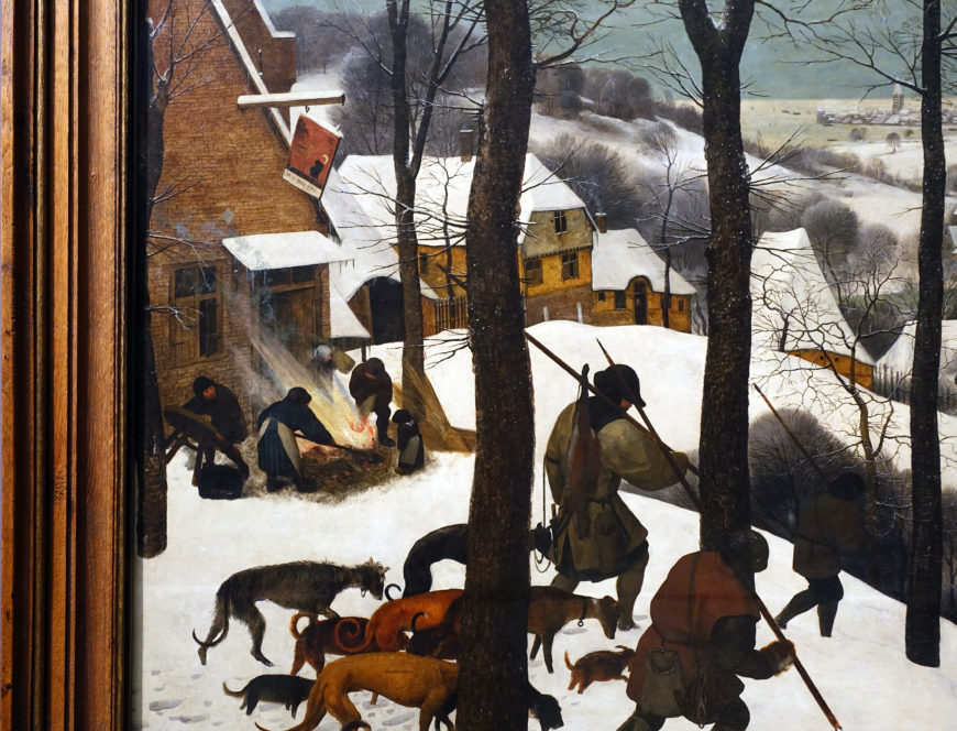 Hunters and inn (detail), Pieter Bruegel the Elder, Hunters in the Snow (Winter), 1565, oil on wood, 162 x 117 cm (Kunsthistorisches Museum, Vienna; photo: Steven Zucker, CC BY-NC-SA 2.0)