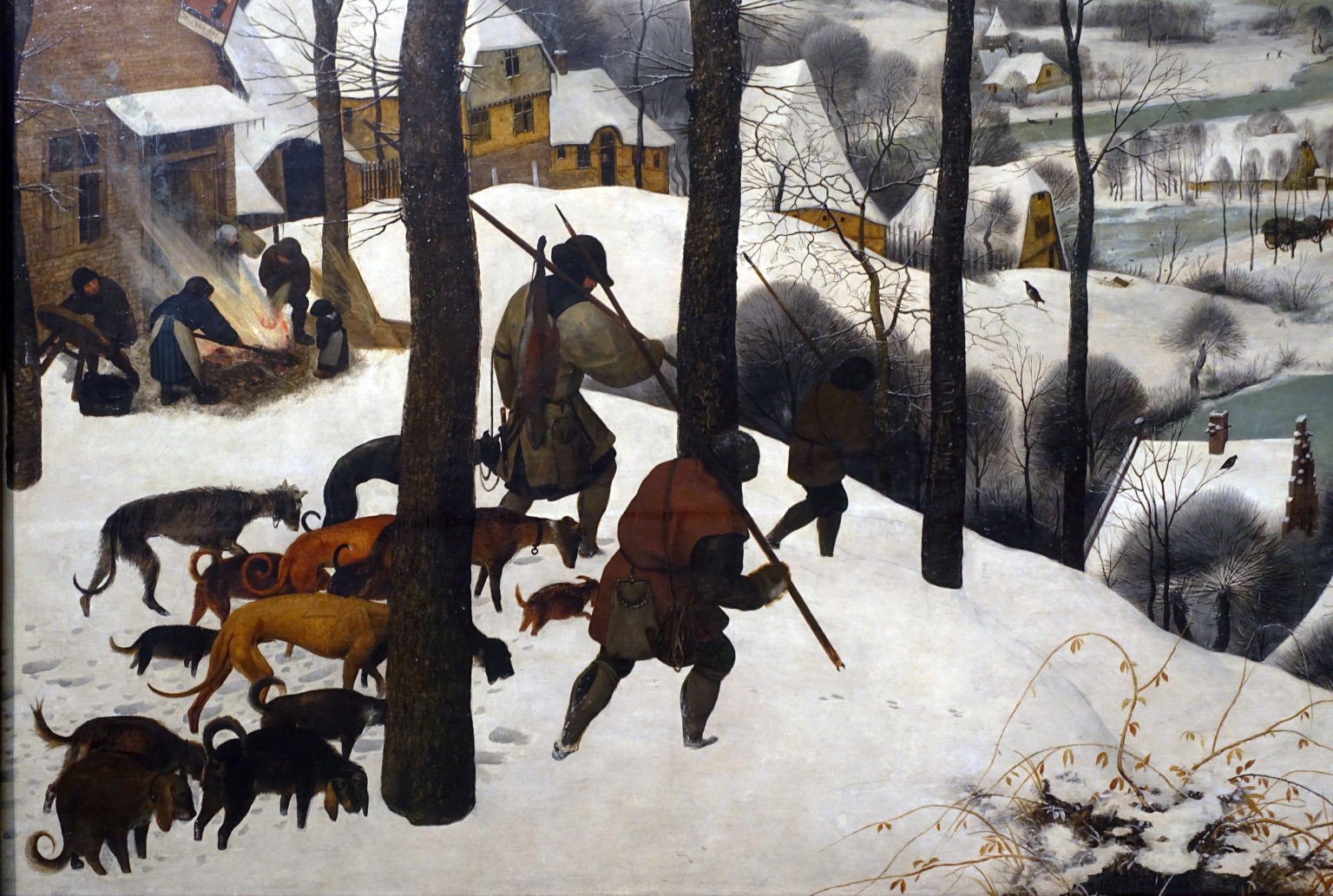 Hunters and dogs (detail), Pieter Bruegel the Elder, Hunters in the Snow (Winter), 1565, oil on wood, 162 x 117 cm (Kunsthistorisches Museum, Vienna; photo: Steven Zucker, CC BY-NC-SA 2.0)