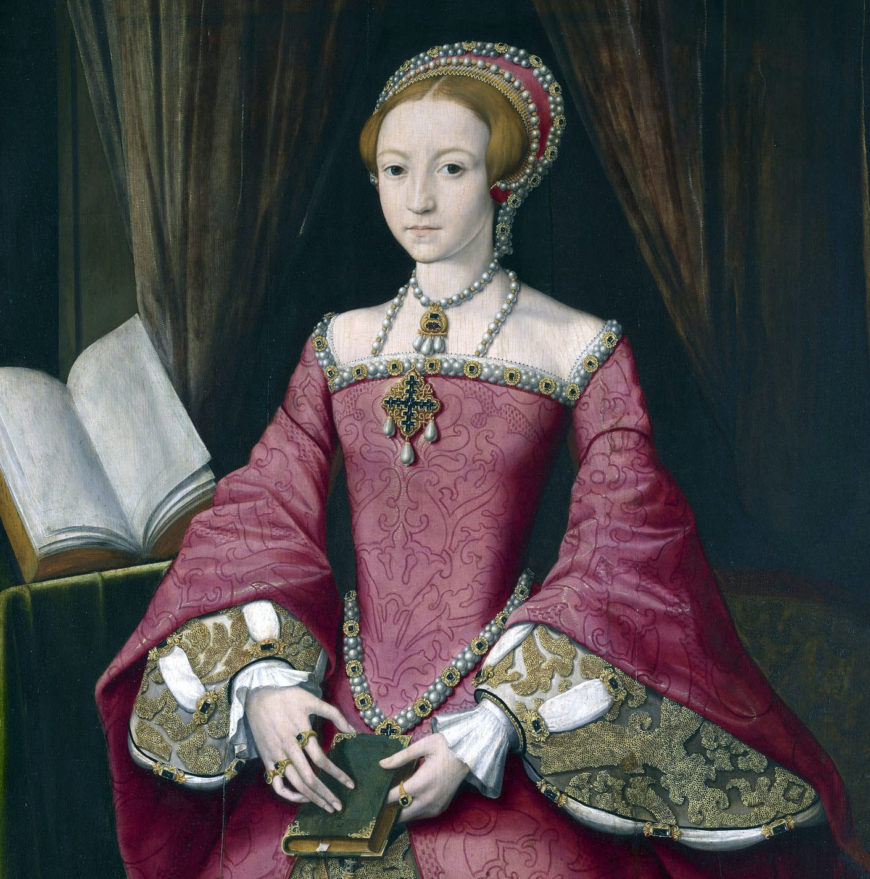 William Scrots, detail of Elizabeth I as a Princess, c.1546, oil on panel, 108.5 x 81.8 cm (Royal Collection Trust)